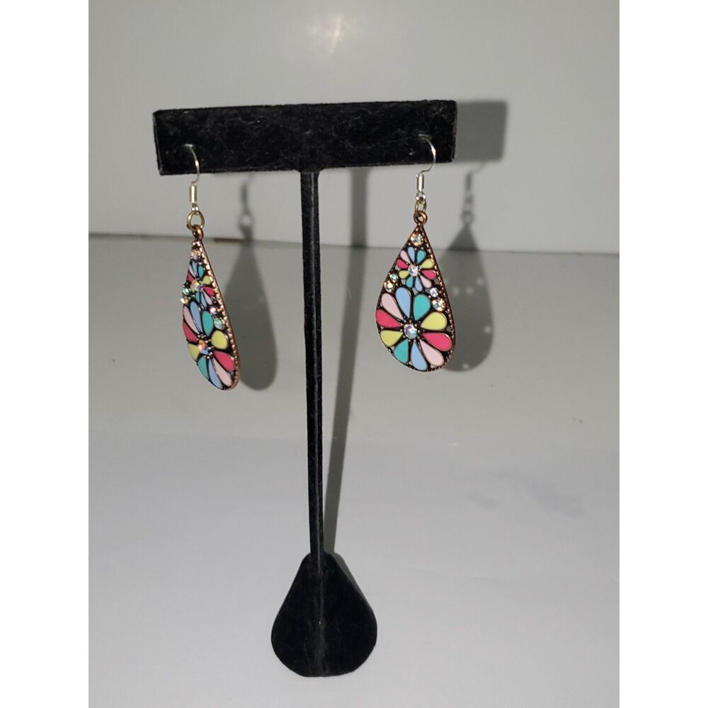 Enameled Hippie Boho Pierced Earrings Dangle Drop Handmade Flower 60's Style
